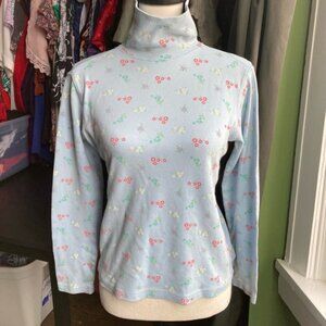 Vintage Womens Jason Maxwell Top Size S Blue Floral Turtleneck